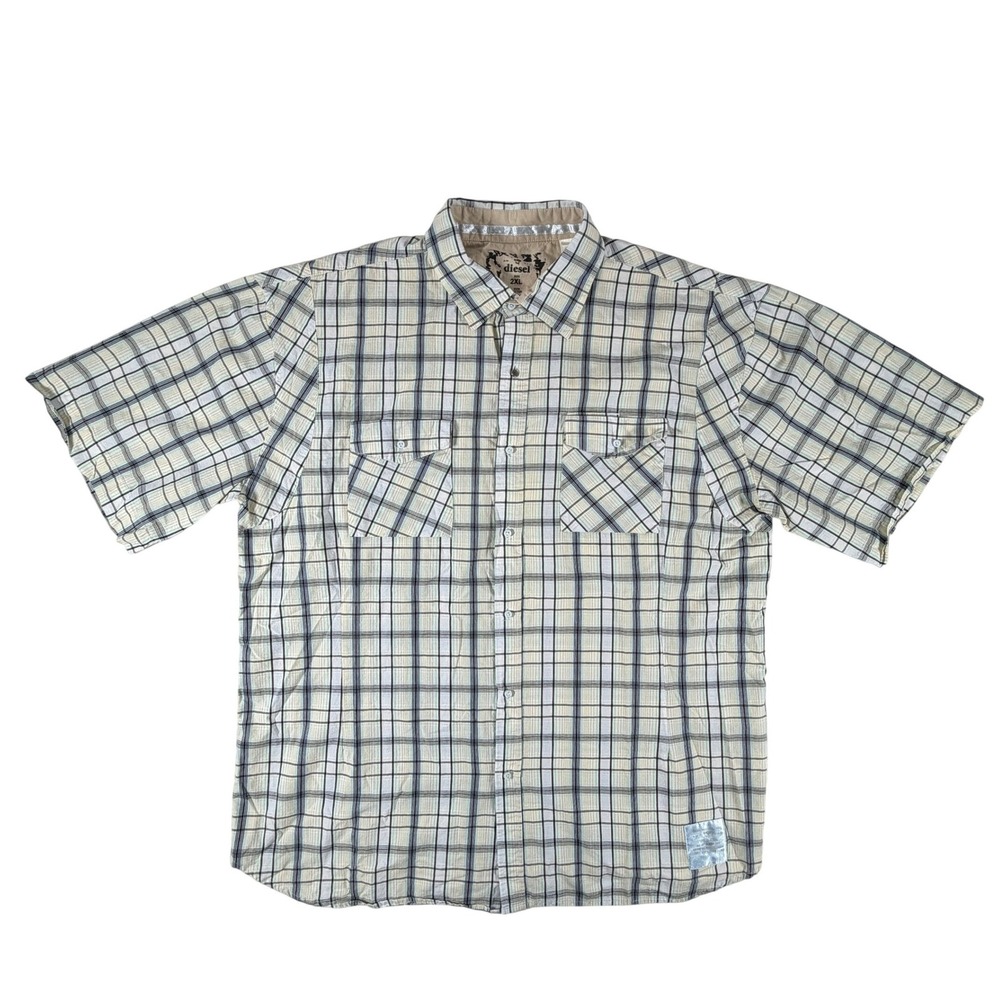 Diesel Mens 2XL Short Sleeve Plaid Button Down Shirt Beige Black Cotton Western